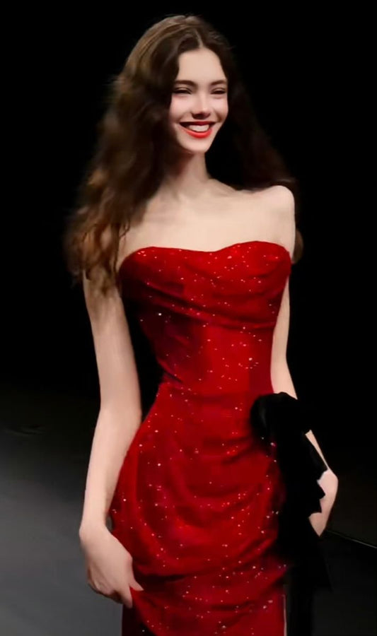 Sexy Burgundy Sheath Strapless Sequin Long Prom Dress Party Dress with Slit DP4135