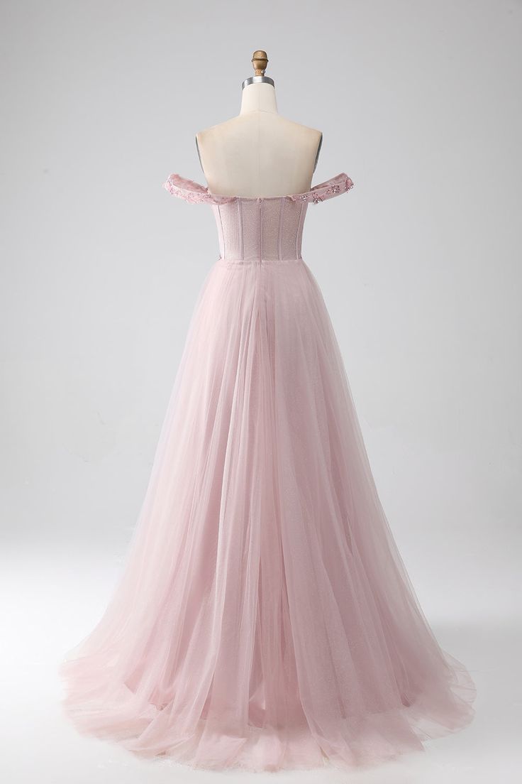 Elegant Off the Shoulder Sequins Beads Pink Tulle Prom Dress with Slit DP1393