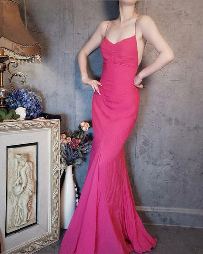 Pink Mermaid Spaghetti Strap Chiffon Open Back Long Party Dress Evening Dress DP2276