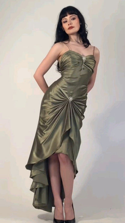 Charming Mermaid Spaghetti Strap Rhinestone Green Satin Party Dress Evening Dress DP2321