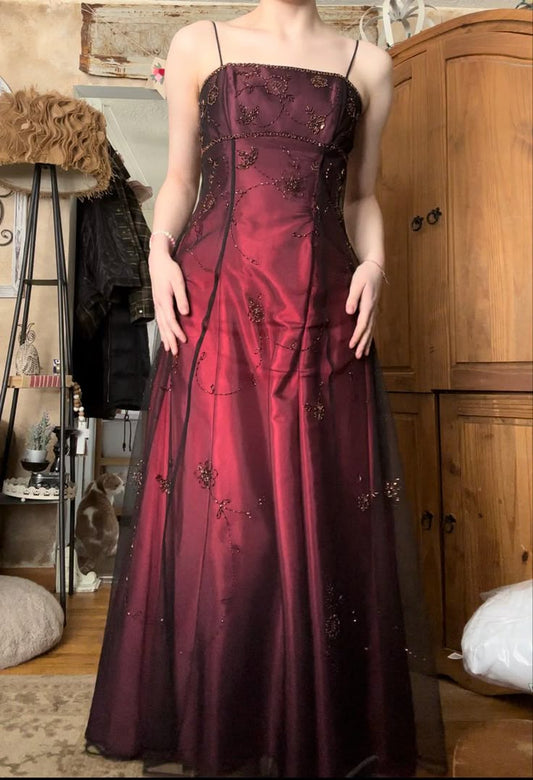 Burgundy Ombre Exquisite Beaded A Line Spaghetti Strap Satin Chiffon Prom Dress Evening Dress DP3162