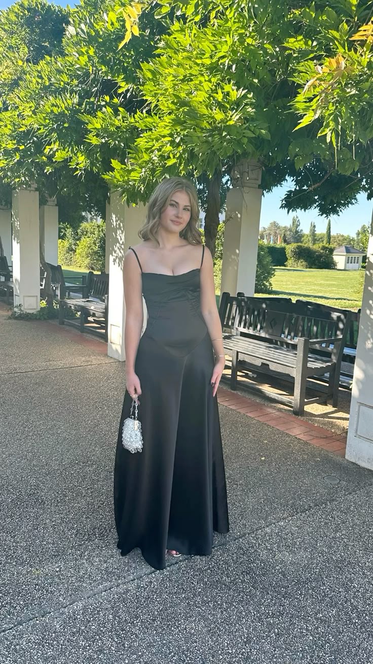 Black Simple A Line Spaghetti Strap Satin Long Evening Dress Party Dress Outfits DP3285