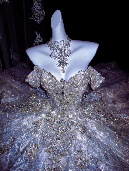 Stunning Exquisite Rhinestone Ball Gown Sequin Tulle Long Prom Dress Wedding Dress DP4636