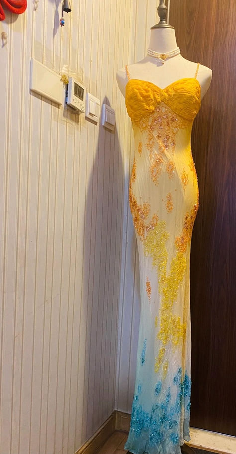 Stunning Sheath Spaghetti Strap Beaded Yellow Blue Ombre Chiffon Long Party Dress Evening Dress DP2323