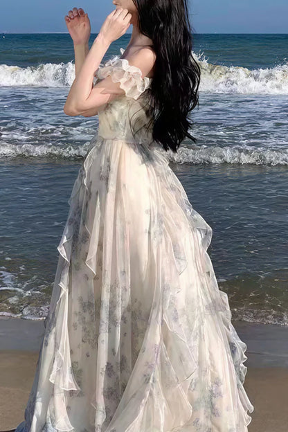Romantic Flowy A Line Print Floral Chiffon Prom Dress Party Evening Dress DP5378