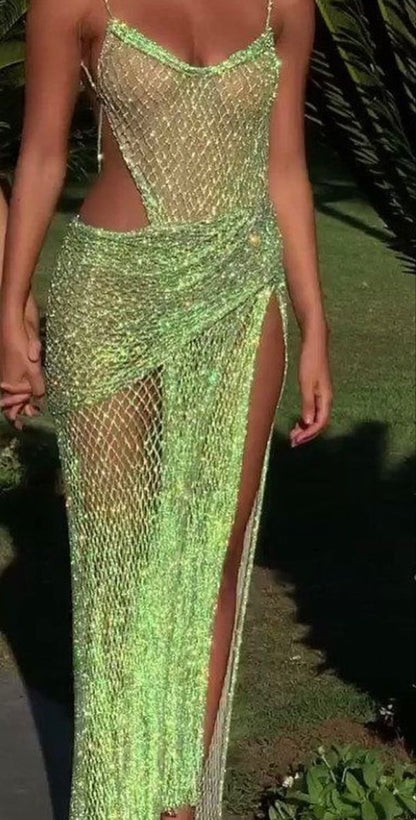 Sexy Green A Line Spaghetti Strap Sequin Beaded Long Prom Dress Evening Dress DP5402