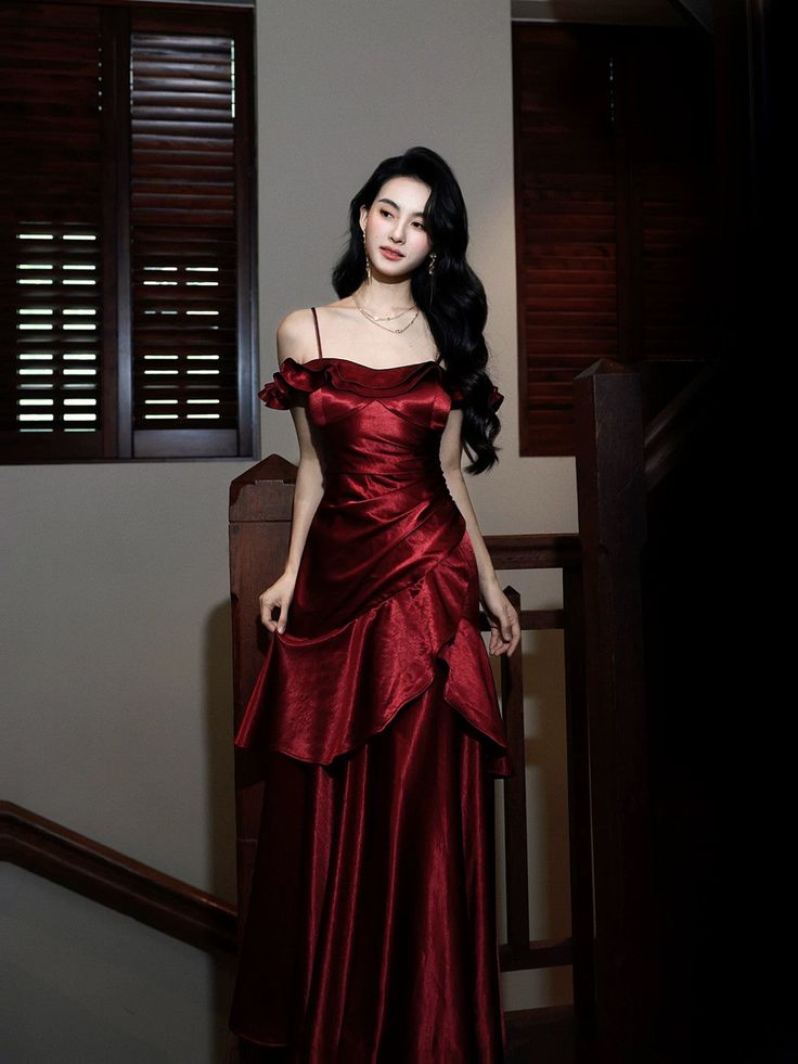 Pretty Mermaid Off The Shoulder Burgundy Satin Long Prom Dresses Evening Gowns DP4206