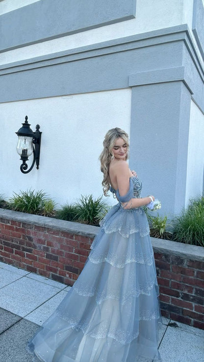 Grey Blue Ball Gown Off the Shoulder Beaded Layered Tulle Prom Dress 16th Birthday Dress DP3471