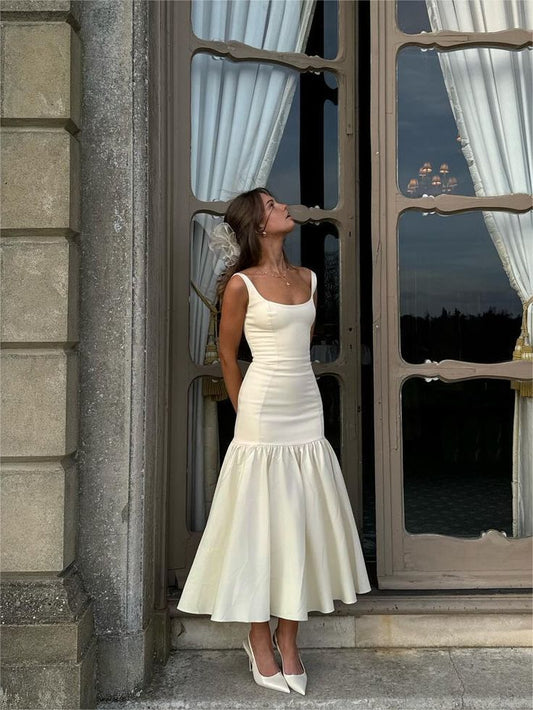 Elegant Mermaid Ruffles Pleated Hem White Satin Homecoming Dresses DP833