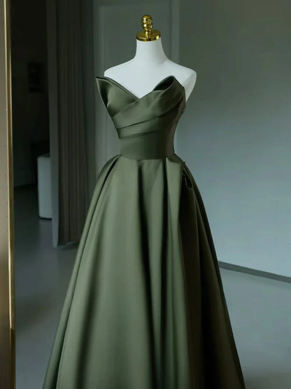 Elegant A Line V Neck Satin Green Long Prom Dress DP840