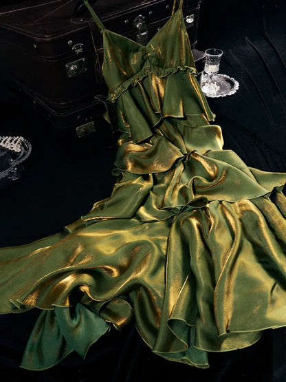 Pretty A Line Spaghetti Strap Tiered Green Satin Prom Dress Evening Dress DP1747
