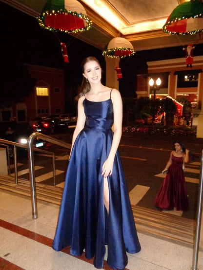 Elegant A Line Spaghetti Straps Navy Blue Satin Open Back Long Graduation Prom Dress DP4877