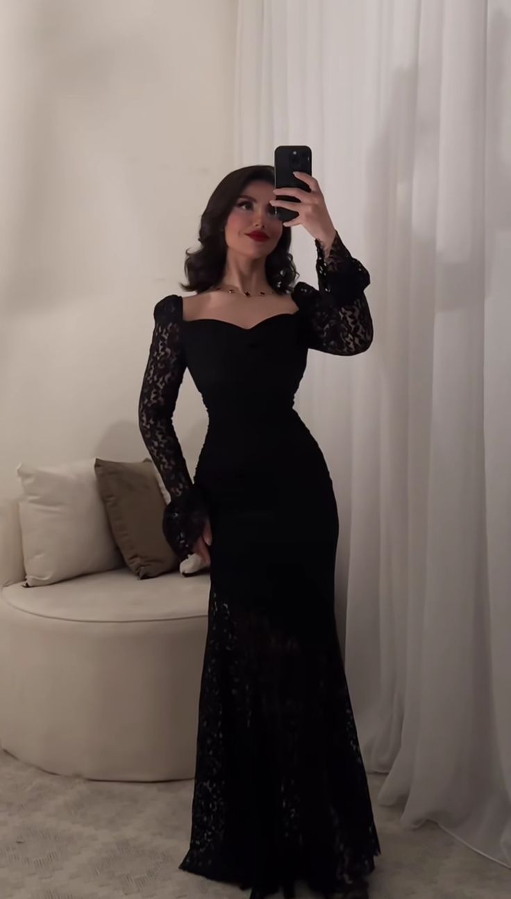 Sexy Black Mermaid Long Sleeve Lace Prom Dress Evening Dress DP6705