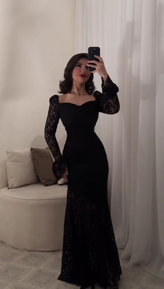 Sexy Black Mermaid Long Sleeve Lace Prom Dress Evening Dress DP6705