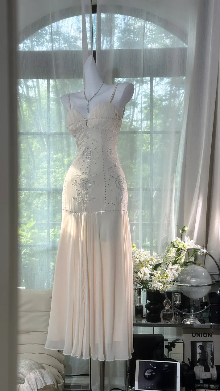 Ivory Mermaid Spaghetti Straps Rhinestone Chiffon Prom Dress Formal Dress Party Dress DP3513
