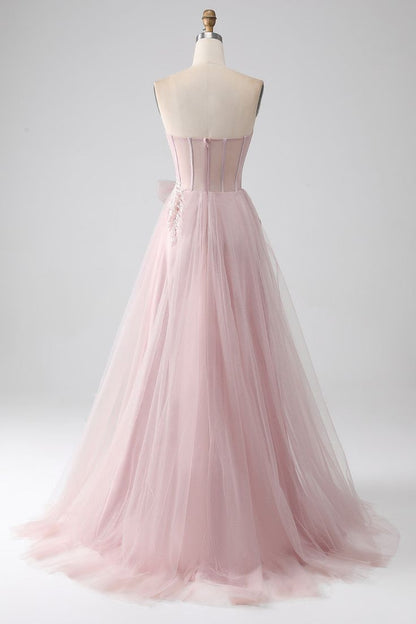 Sparkly A Line Strapless Tulle Long Prom Dress Evening Dress with Bow DP1378