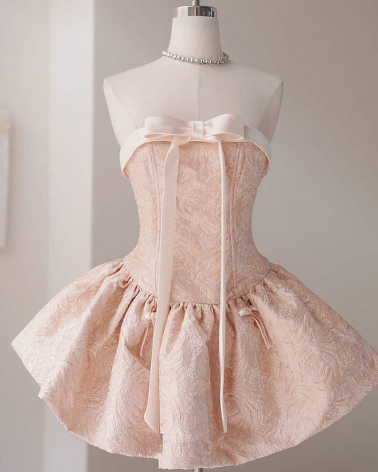 Cute A Line Strapless Pink Bow Satin Homecoming Dresses  DP802