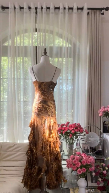 Amber Mermaid Spaghetti Strap Beaded Ruffle Chiffon Long Party Dress Evening Dress DP2343