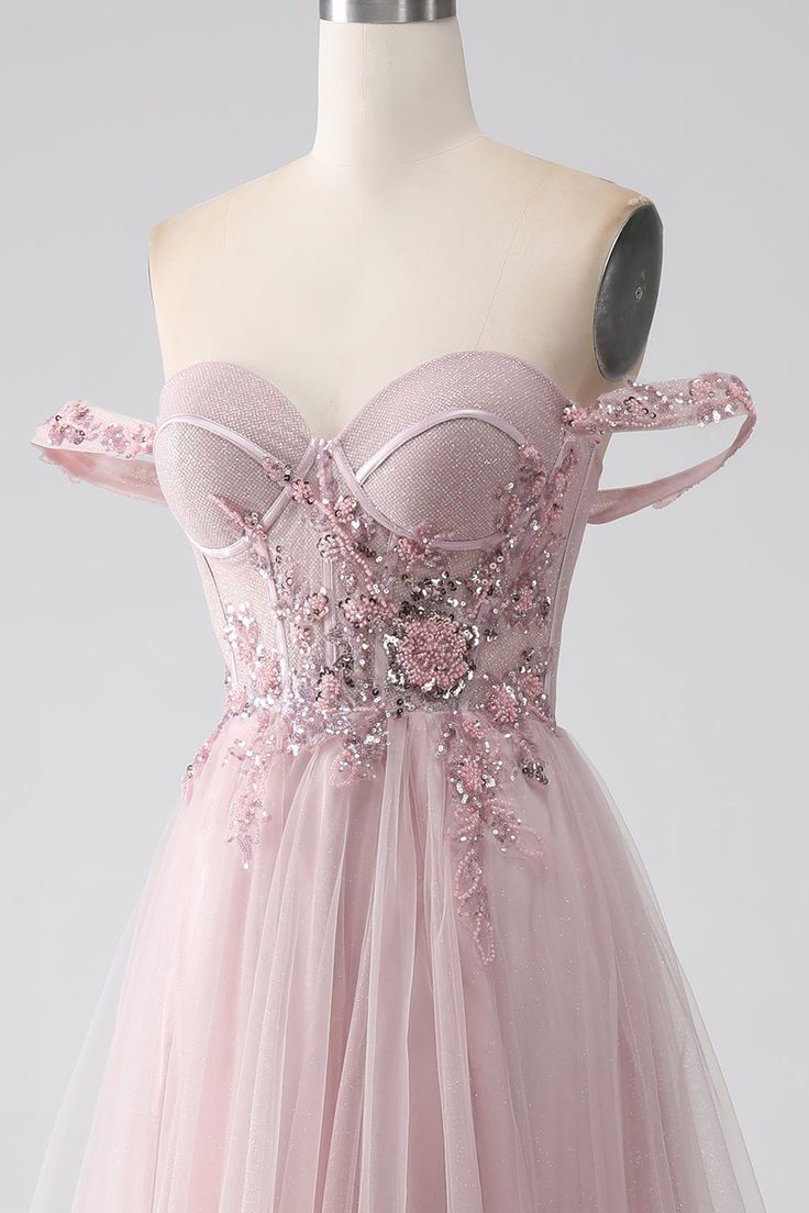 Elegant Off the Shoulder Sequins Beads Pink Tulle Prom Dress with Slit DP1393
