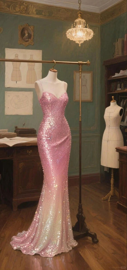 Shiny Mermaid Sweetheart Neck Pink Ombre Sequin Long Prom Dress Evening Dress DP4809