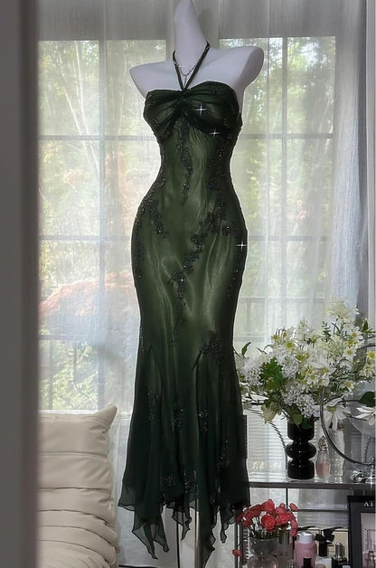 Vintage Mermaid Halter Beads Ruffles Chiffon Prom Dress Evening Dress DP1438
