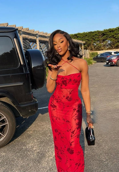 Sexy Burgundy Print Floral Sheath Spaghetti Strap Chiffon Formal Dress Evening Party Dresses DP3129