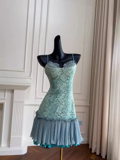 Cute A Line Spaghetti Straps Green Lace Short Outfit Homecoming Dress Birthday Dress DP2981