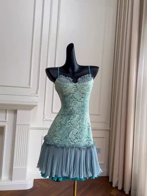 Cute A Line Spaghetti Straps Green Lace Short Outfit Homecoming Dress Birthday Dress DP2981