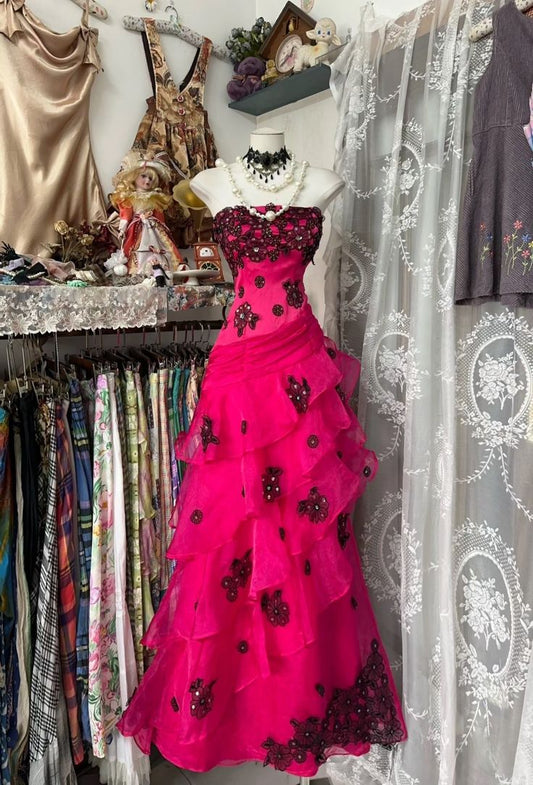 Hot Pink A Line Strapless Black Appliques Layered Organza Long Prom Dress Formal Gown DP3440