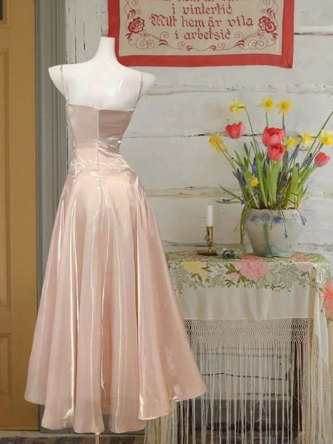 Light Pink Satin Suspender Waist Slim Fit A Line Maxi Prom Dress DP4836