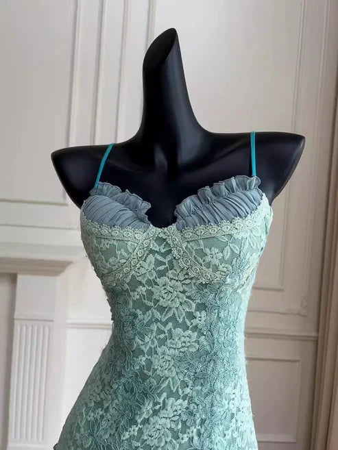 Cute A Line Spaghetti Straps Green Lace Short Outfit Homecoming Dress Birthday Dress DP2981