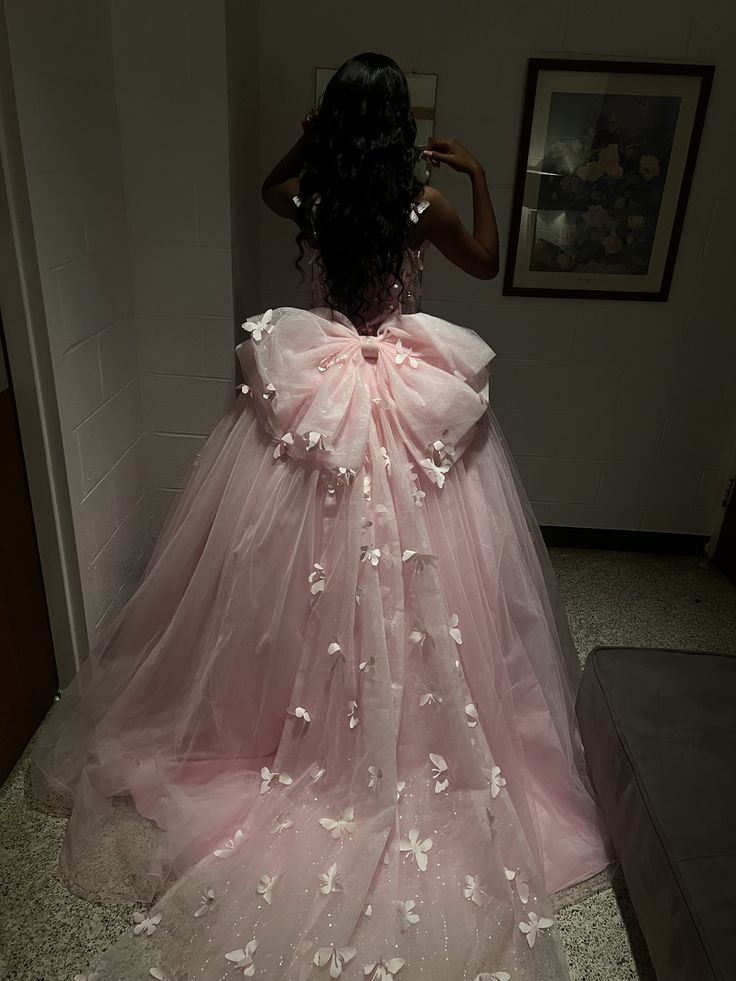 Pink Ball Gown 3D Butterfly Tulle Long Train Prom Dress Evening Dress DP6132