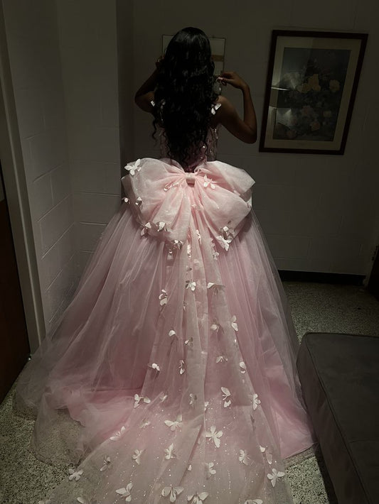 Pink Ball Gown 3D Butterfly Tulle Long Train Prom Dress Evening Dress DP6132
