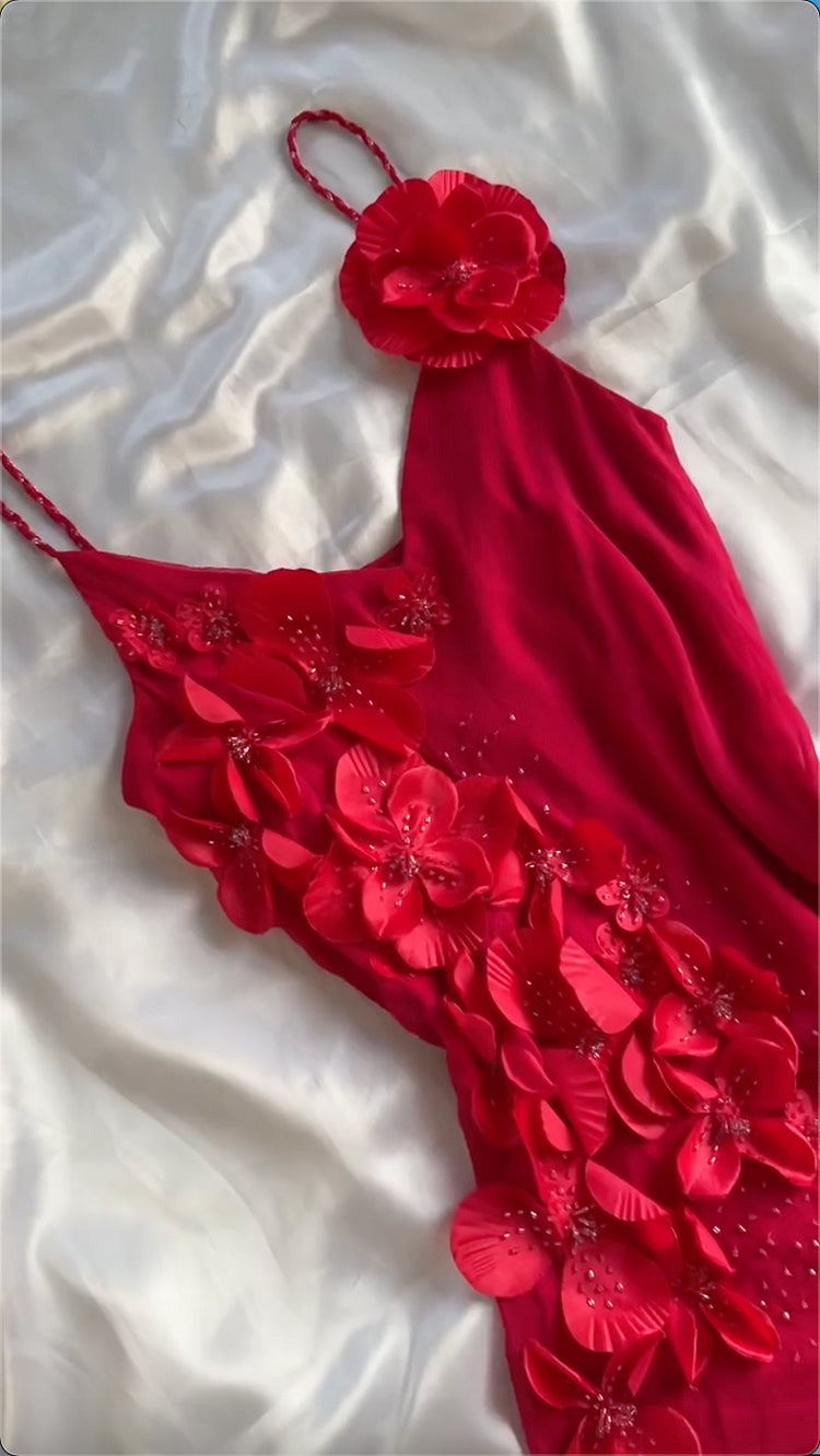 Sexy Mermaid Spaghetti Strap Beaded 3D Floral Red Chiffon Prom Dress Evening Dress DP1802