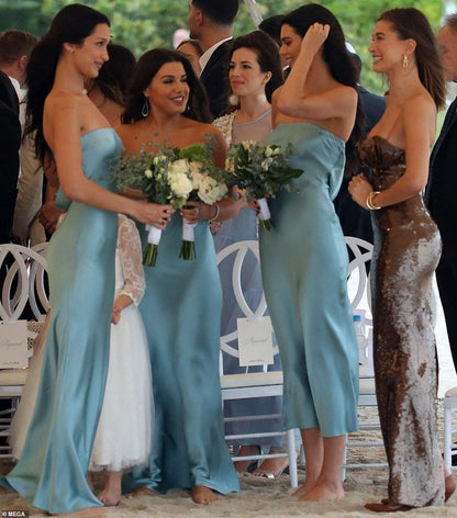 Simple Ice Blue A Line Strapless Satin Backless Long Bridesmaid Dress DP4969