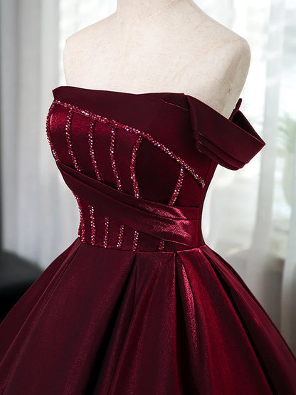 A Line Off-the-shoulder Satin Burgundy Long Prom Dress Evening Dress with Beads DP1045