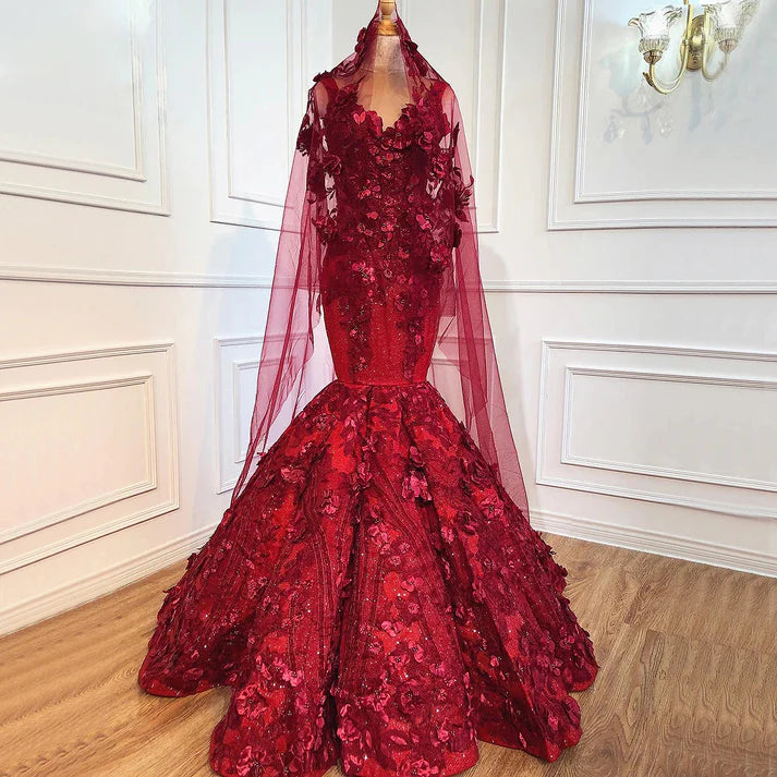 Luxurious Mermaid V Neck Appliques Sequins Red Satin Ball Gown Prom Dress DP1386