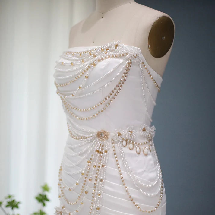 Sheath Strapless Beads Pearl Draped White Satin Mini Dress Outfits DP1388