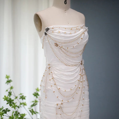 Sheath Strapless Beads Pearl Draped White Satin Mini Dress Outfits DP1388
