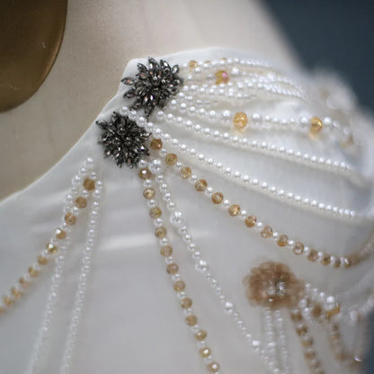 Sheath Strapless Beads Pearl Draped White Satin Mini Dress Outfits DP1388