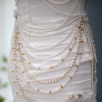Sheath Strapless Beads Pearl Draped White Satin Mini Dress Outfits DP1388