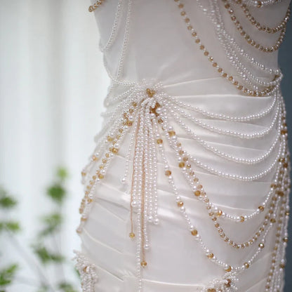 Sheath Strapless Beads Pearl Draped White Satin Mini Dress Outfits DP1388