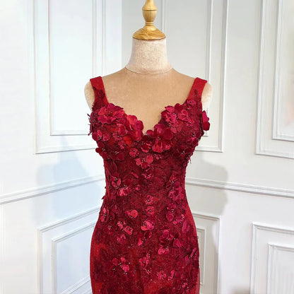 Luxurious Mermaid V Neck Appliques Sequins Red Satin Ball Gown Prom Dress DP1386