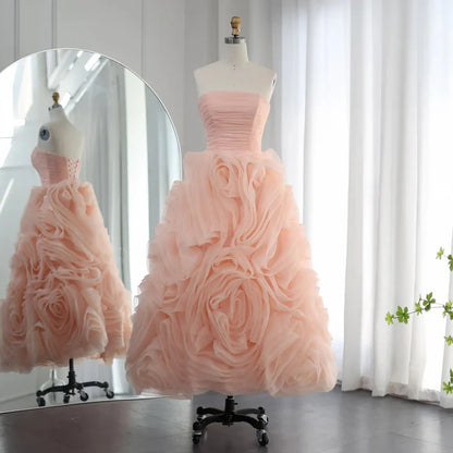 Elegant A Line Strapless Rose Ruffle Tulle Prom Dress DP810