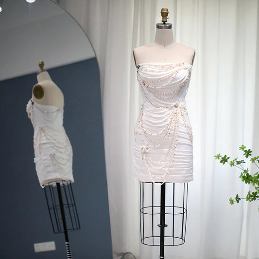 Sheath Strapless Beads Pearl Draped White Satin Mini Dress Outfits DP1388
