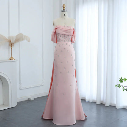 Pink Mermaid Off the Shoulder Rhinestone Satin Long Prom Dress Evening Dress DP1406