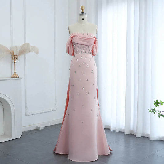 Pink Mermaid Off the Shoulder Rhinestone Satin Long Prom Dress Evening Dress DP1406