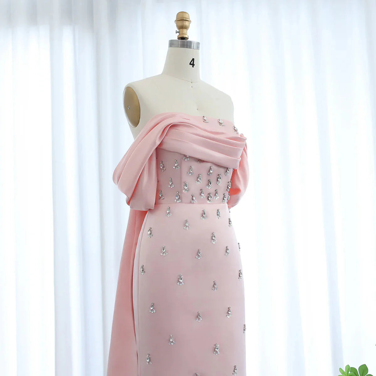 Pink Mermaid Off the Shoulder Rhinestone Satin Long Prom Dress Evening Dress DP1406