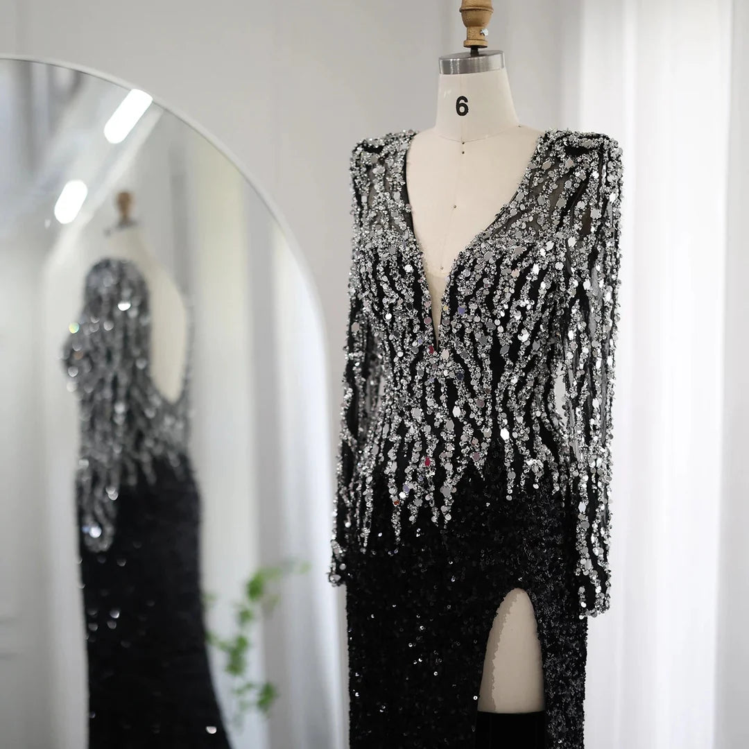 Luxury Black Mermaid V-Neck Long Sleeves Evening Dresses Formal Party Gowns DP938