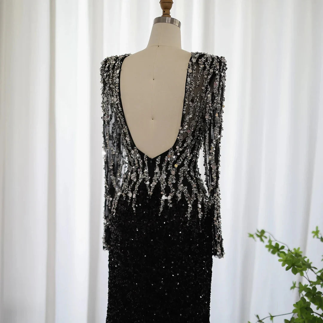 Luxury Black Mermaid V-Neck Long Sleeves Evening Dresses Formal Party Gowns DP938